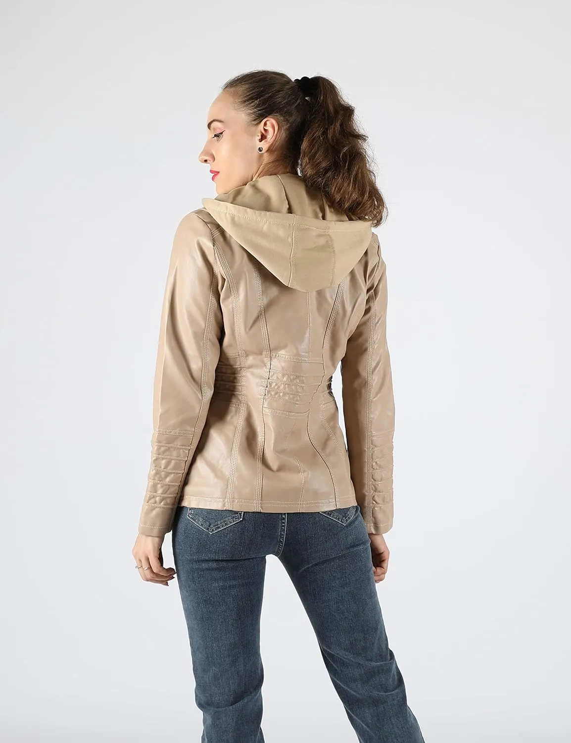 Tanming Women's Removable Hooded Faux Leather Jackets