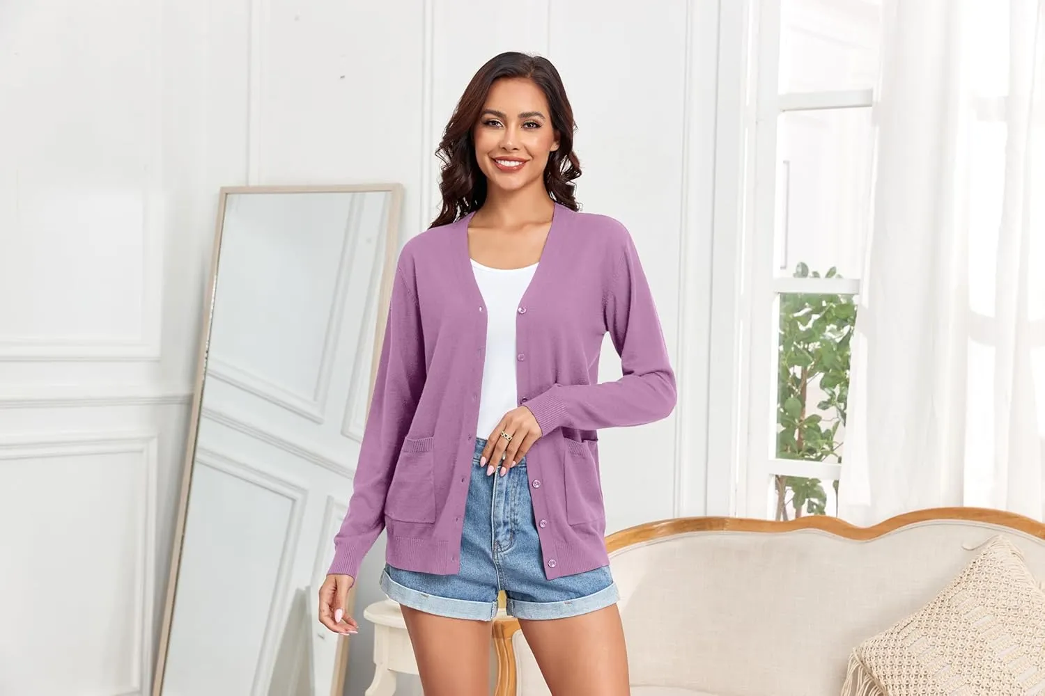 TASAMO Women's Lightweight Button Down Cardigan Sweaters Long Sleeve Classic V Neck Knit Soft Shrugs with Pocket