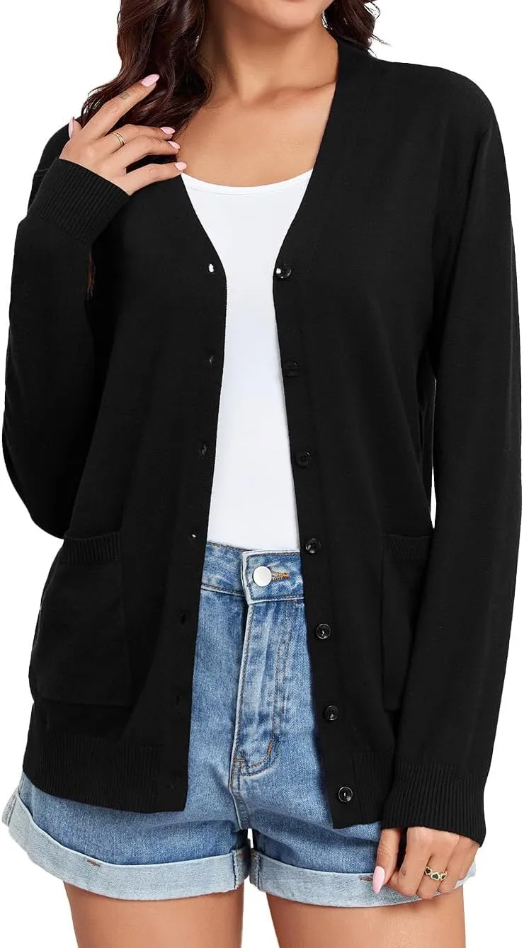 TASAMO Women's Lightweight Button Down Cardigan Sweaters Long Sleeve Classic V Neck Knit Soft Shrugs with Pocket
