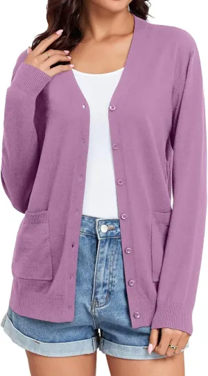 TASAMO Women's Lightweight Button Down Cardigan Sweaters Long Sleeve Classic V Neck Knit Soft Shrugs with Pocket