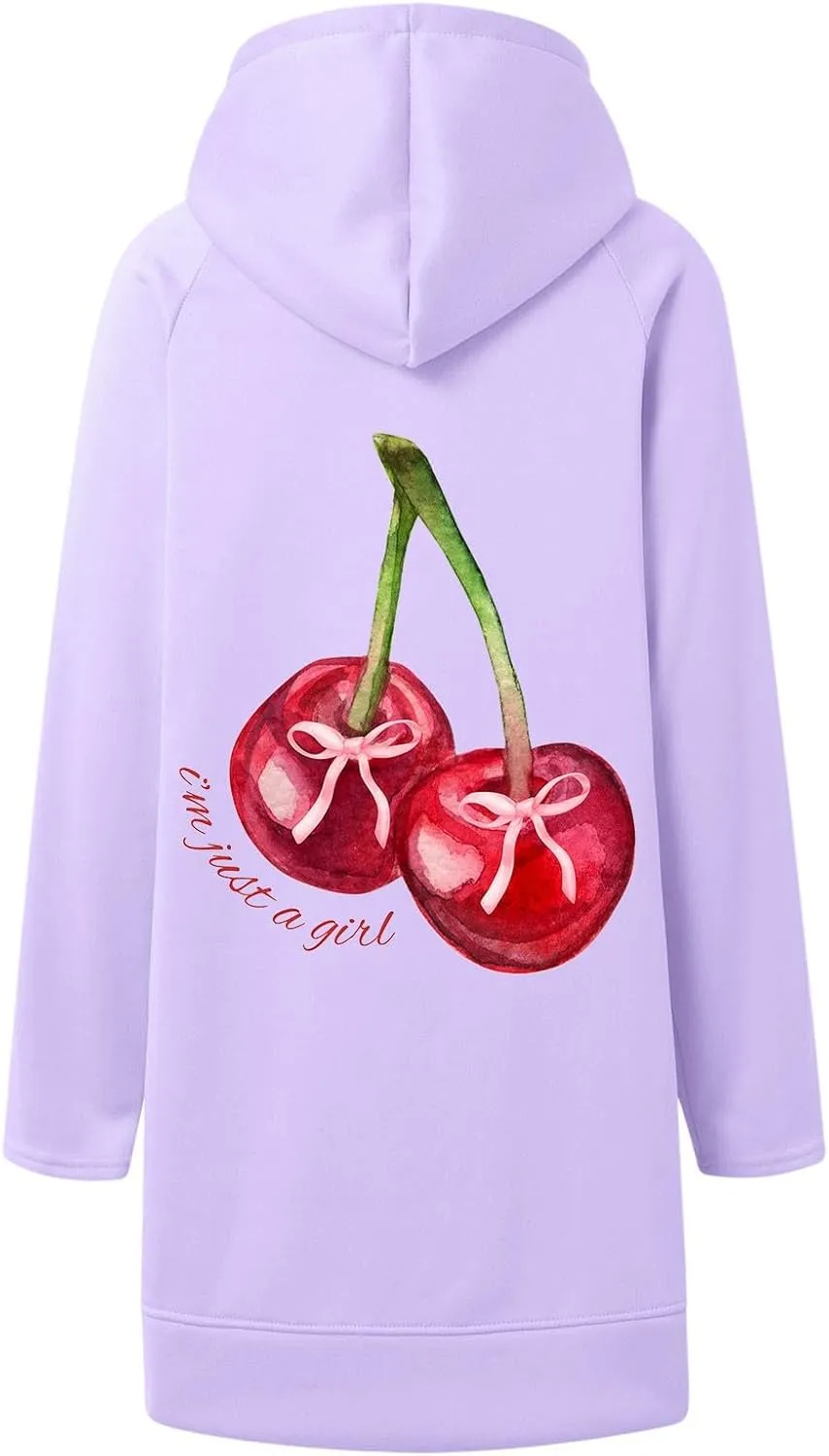The Warmy Oversized Hoodie Dress Women Casual Cherry Print Long Sleeve Warmy Hoodie Split Hem Hoodies with Pocket
