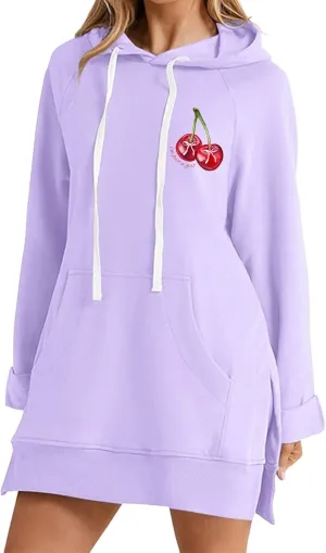 The Warmy Oversized Hoodie Dress Women Casual Cherry Print Long Sleeve Warmy Hoodie Split Hem Hoodies with Pocket