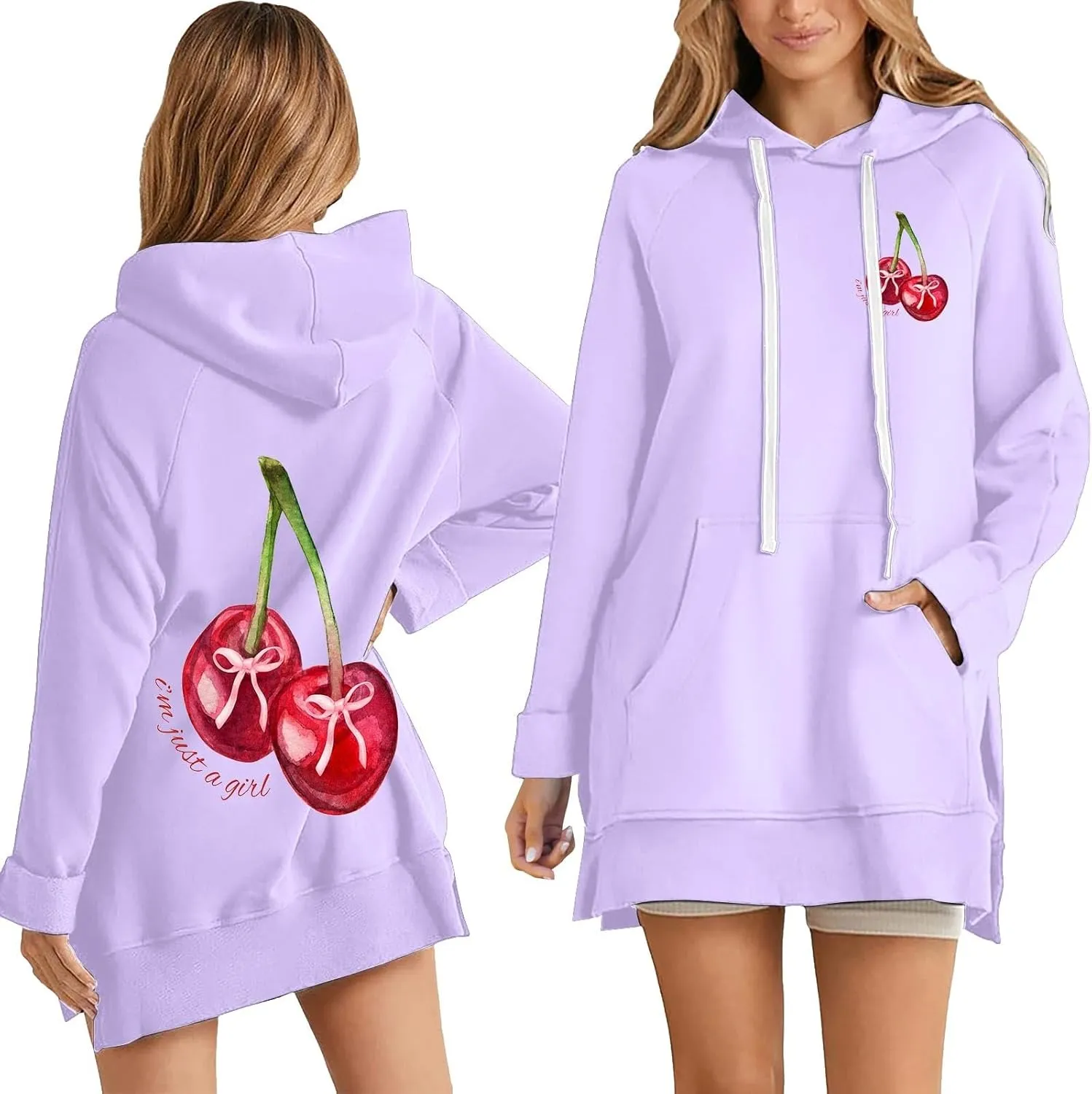 The Warmy Oversized Hoodie Dress Women Casual Cherry Print Long Sleeve Warmy Hoodie Split Hem Hoodies with Pocket