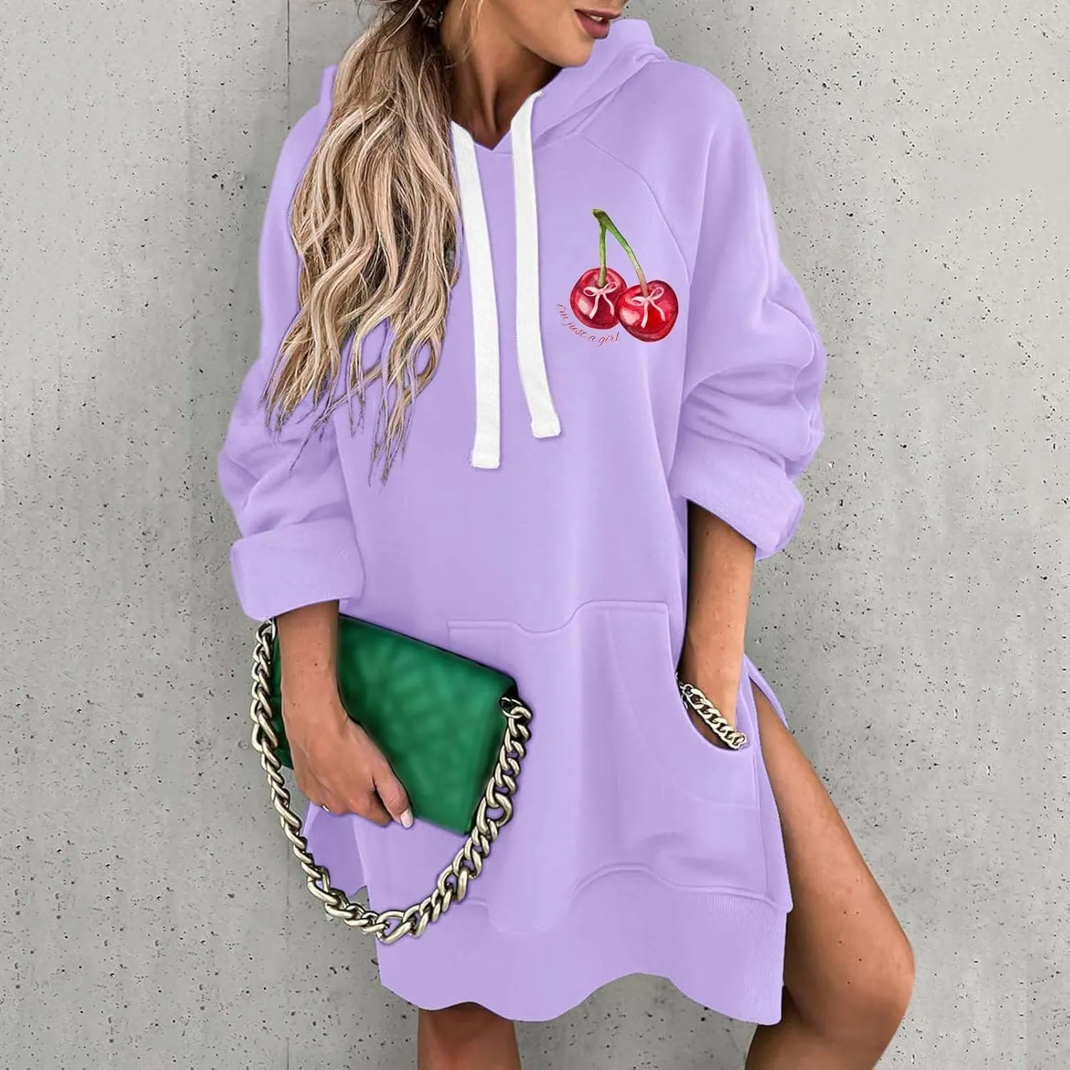 The Warmy Oversized Hoodie Dress Women Casual Cherry Print Long Sleeve Warmy Hoodie Split Hem Hoodies with Pocket
