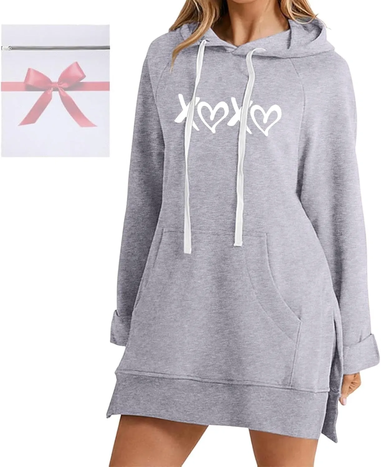 The Warmy Oversized Hoodie Dress,Valentine's Day Dress for Women with Pocket Funny Heart Print Split Hem Hoodies