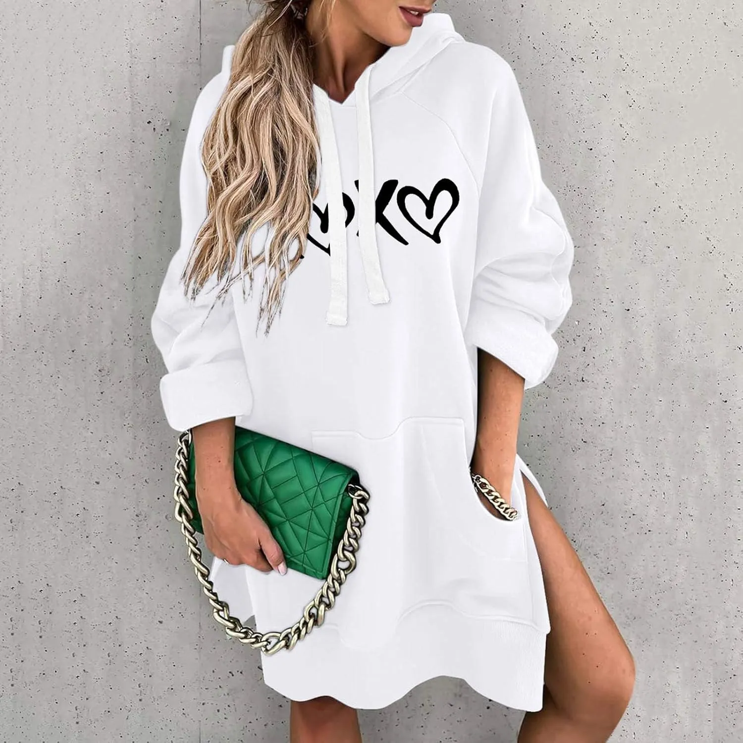 The Warmy Oversized Hoodie Dress,Valentine's Day Dress for Women with Pocket Funny Heart Print Split Hem Hoodies