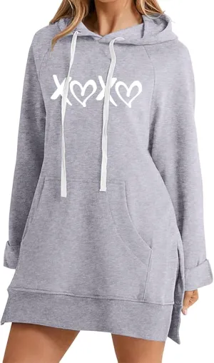 The Warmy Oversized Hoodie Dress,Valentine's Day Dress for Women with Pocket Funny Heart Print Split Hem Hoodies