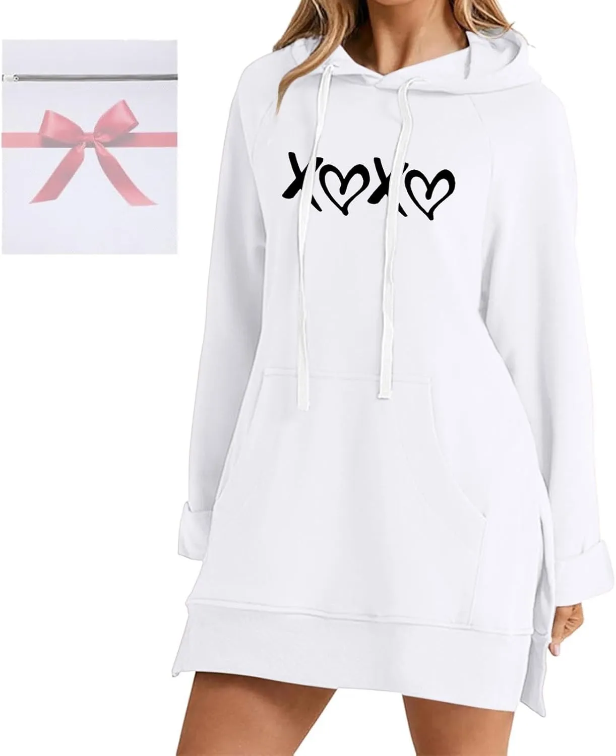 The Warmy Oversized Hoodie Dress,Valentine's Day Dress for Women with Pocket Funny Heart Print Split Hem Hoodies
