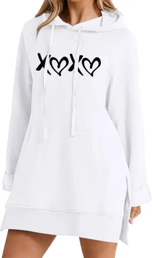 The Warmy Oversized Hoodie Dress,Valentine's Day Dress for Women with Pocket Funny Heart Print Split Hem Hoodies