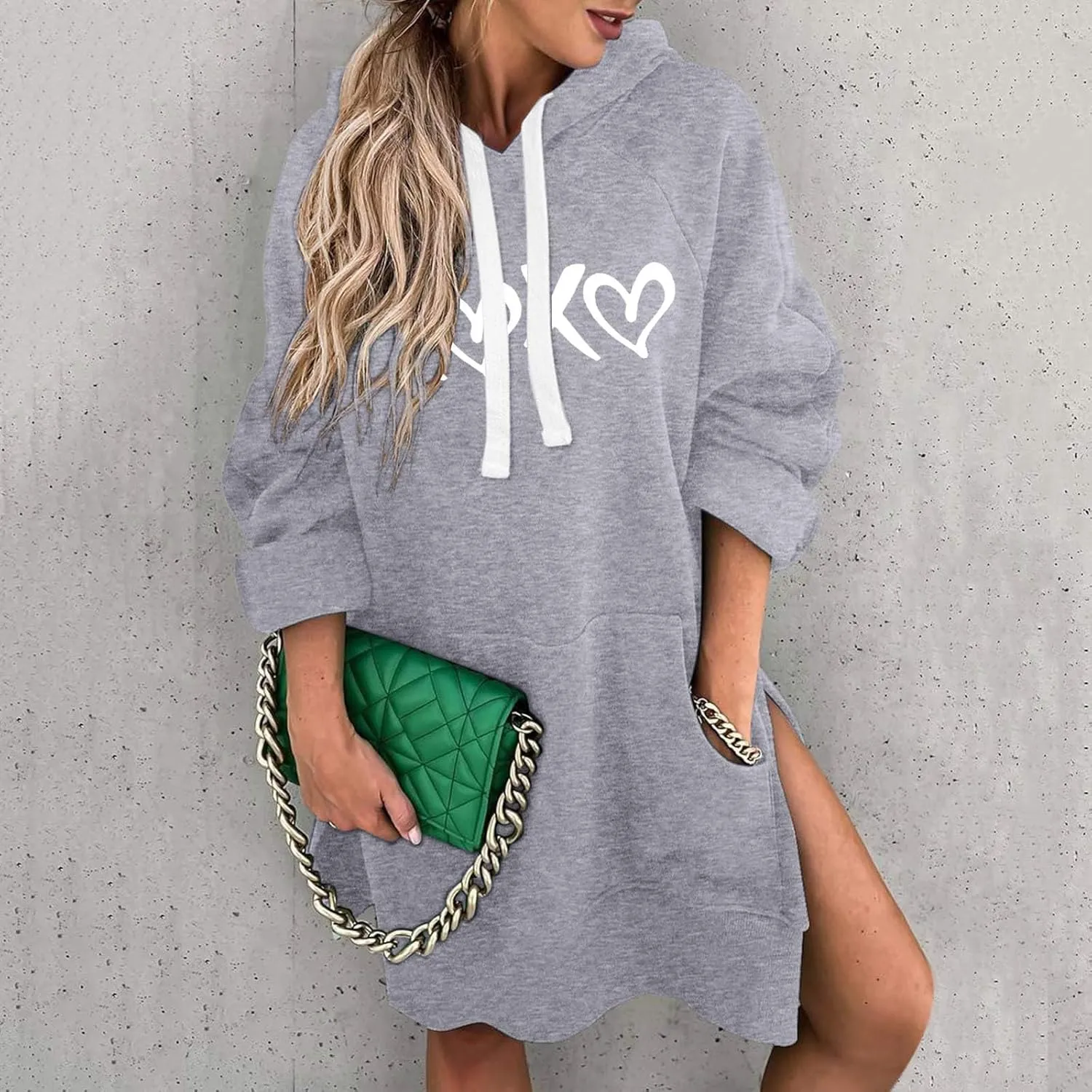 The Warmy Oversized Hoodie Dress,Valentine's Day Dress for Women with Pocket Funny Heart Print Split Hem Hoodies