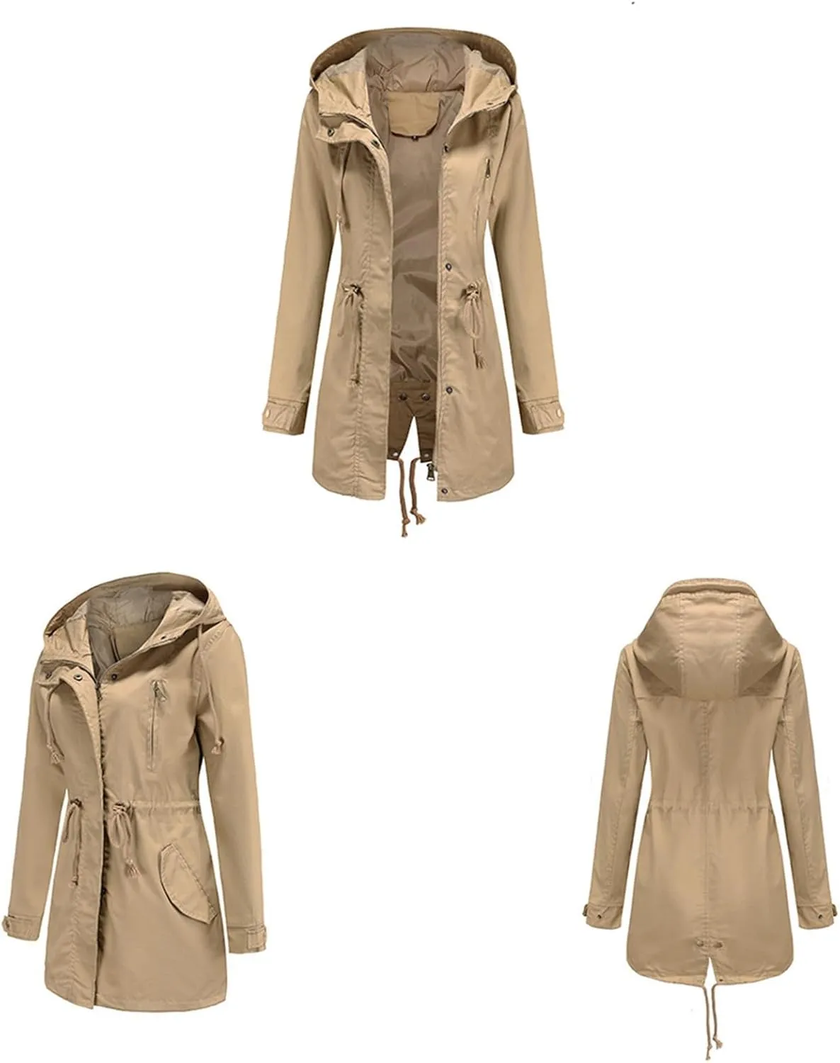 TIAFORD Women's Lightweight Drawstring Waist Hooded Rain Jacket Fall Casual Long Trench Coat Utility Coat with Pockets