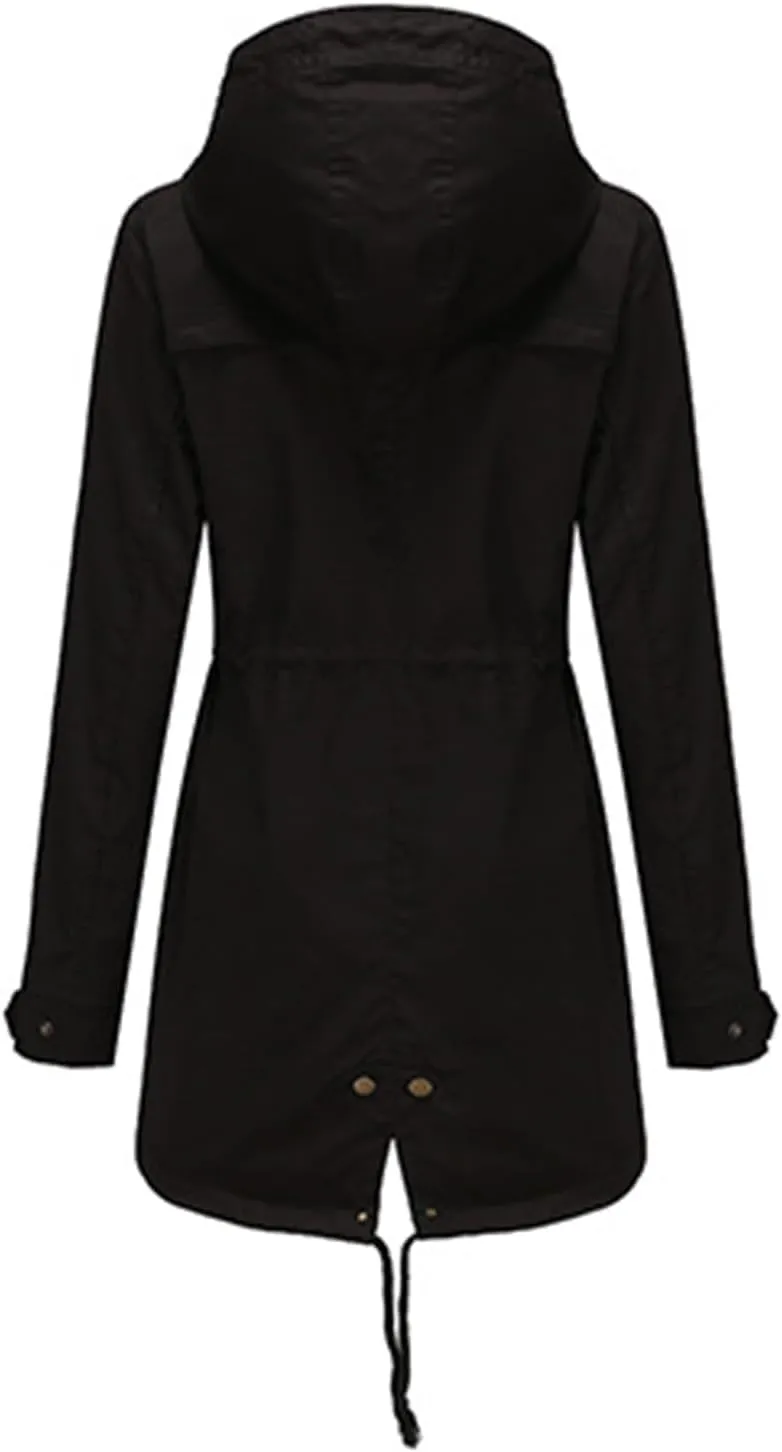 TIAFORD Women's Lightweight Drawstring Waist Hooded Rain Jacket Fall Casual Long Trench Coat Utility Coat with Pockets