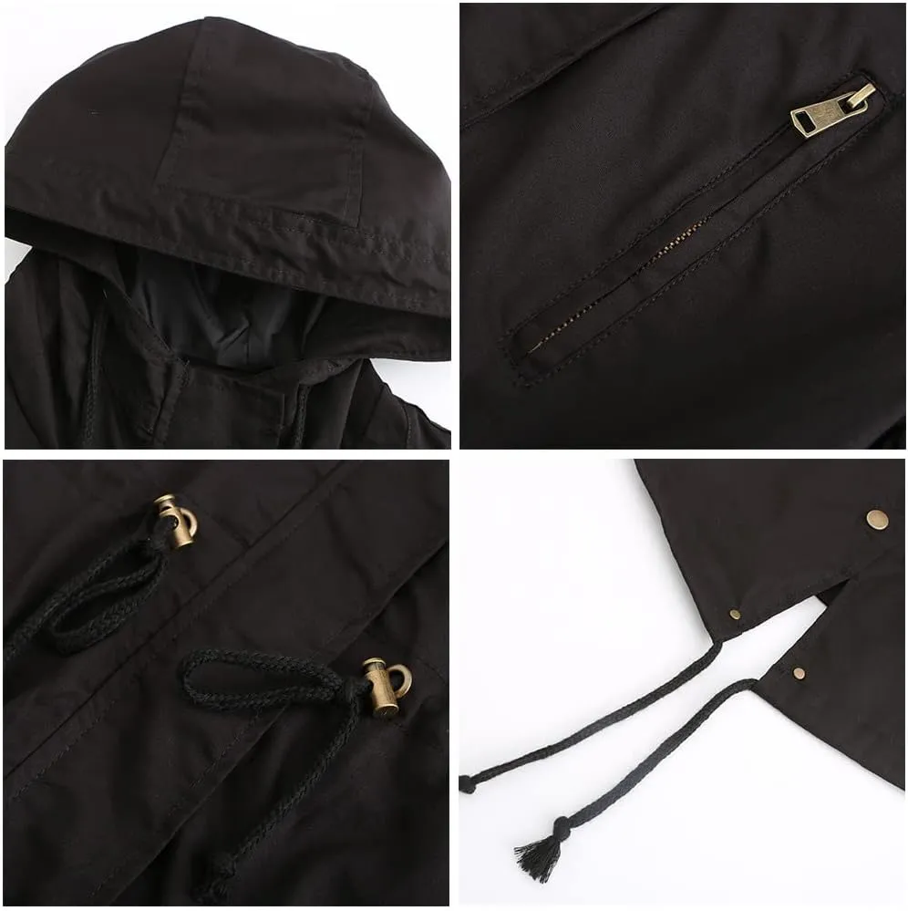 TIAFORD Women's Lightweight Drawstring Waist Hooded Rain Jacket Fall Casual Long Trench Coat Utility Coat with Pockets