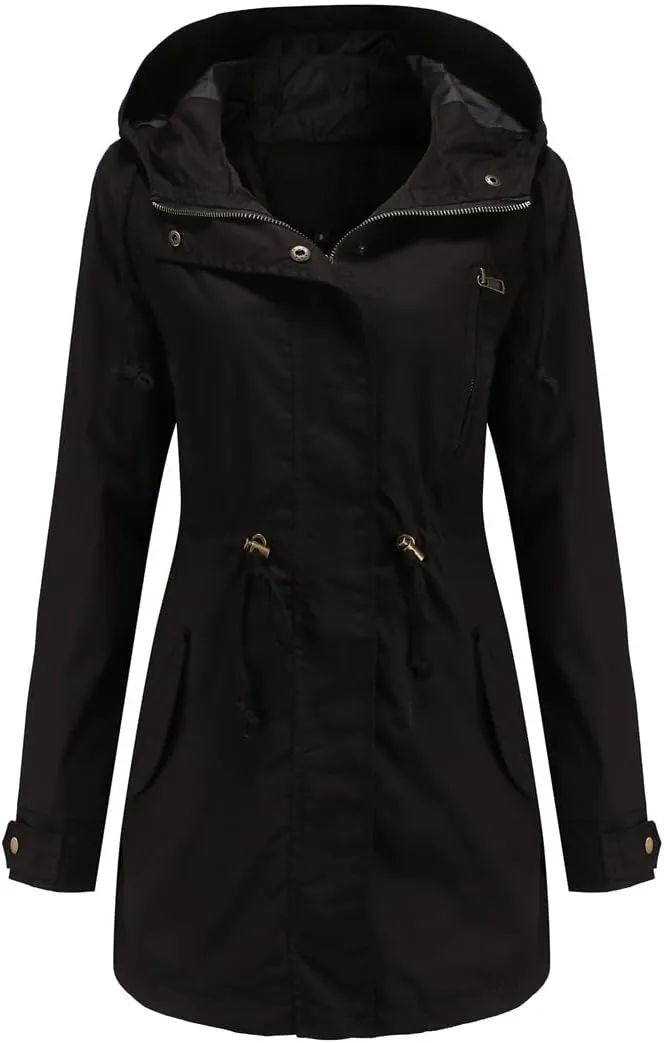 TIAFORD Women's Lightweight Drawstring Waist Hooded Rain Jacket Fall Casual Long Trench Coat Utility Coat with Pockets