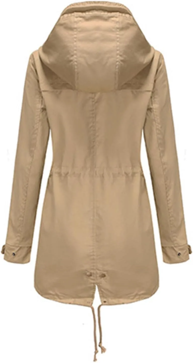 TIAFORD Women's Lightweight Drawstring Waist Hooded Rain Jacket Fall Casual Long Trench Coat Utility Coat with Pockets