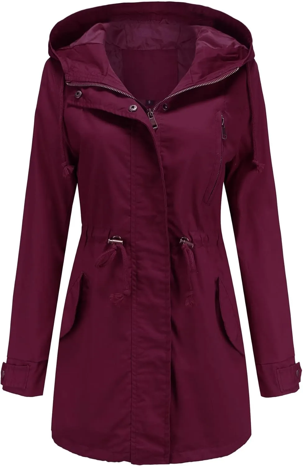 TIAFORD Women's Lightweight Drawstring Waist Hooded Rain Jacket Fall Casual Long Trench Coat Utility Coat with Pockets