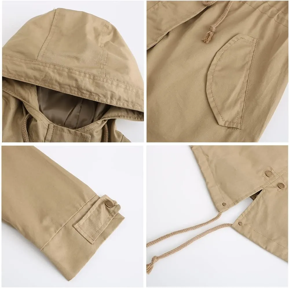 TIAFORD Women's Lightweight Drawstring Waist Hooded Rain Jacket Fall Casual Long Trench Coat Utility Coat with Pockets