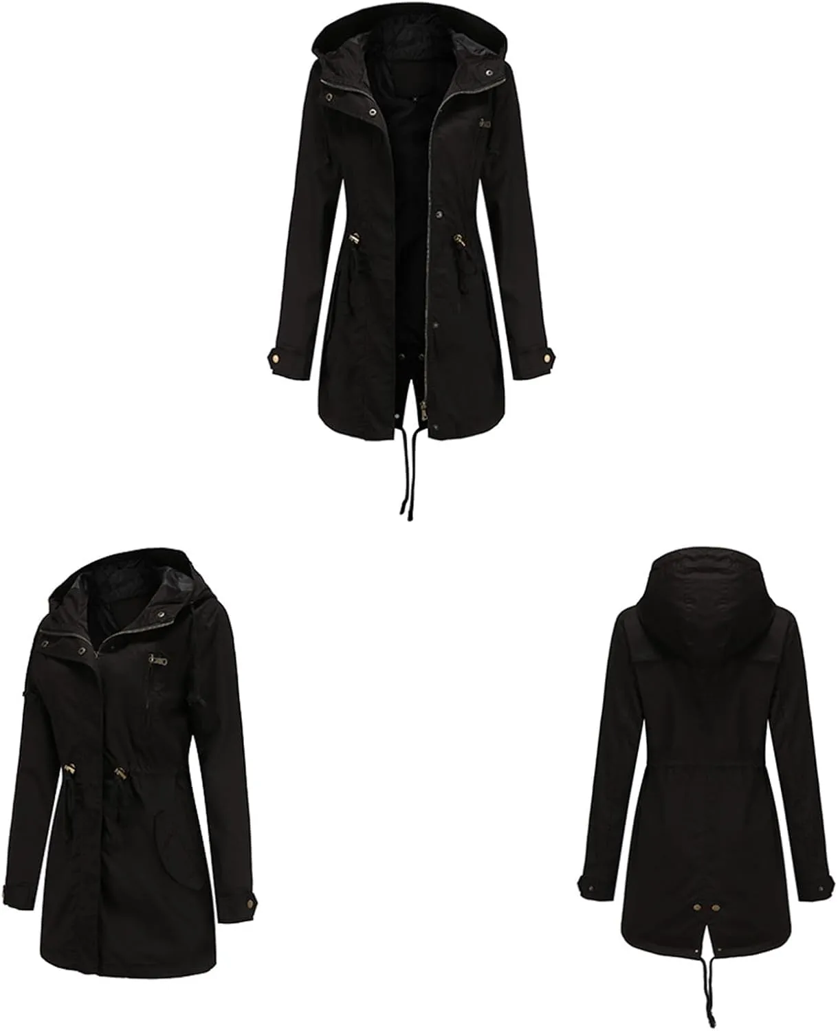 TIAFORD Women's Lightweight Drawstring Waist Hooded Rain Jacket Fall Casual Long Trench Coat Utility Coat with Pockets