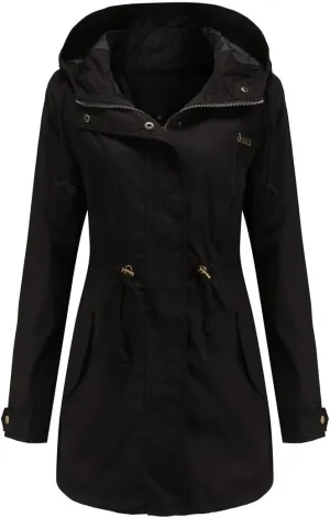 TIAFORD Women's Lightweight Drawstring Waist Hooded Rain Jacket Fall Casual Long Trench Coat Utility Coat with Pockets