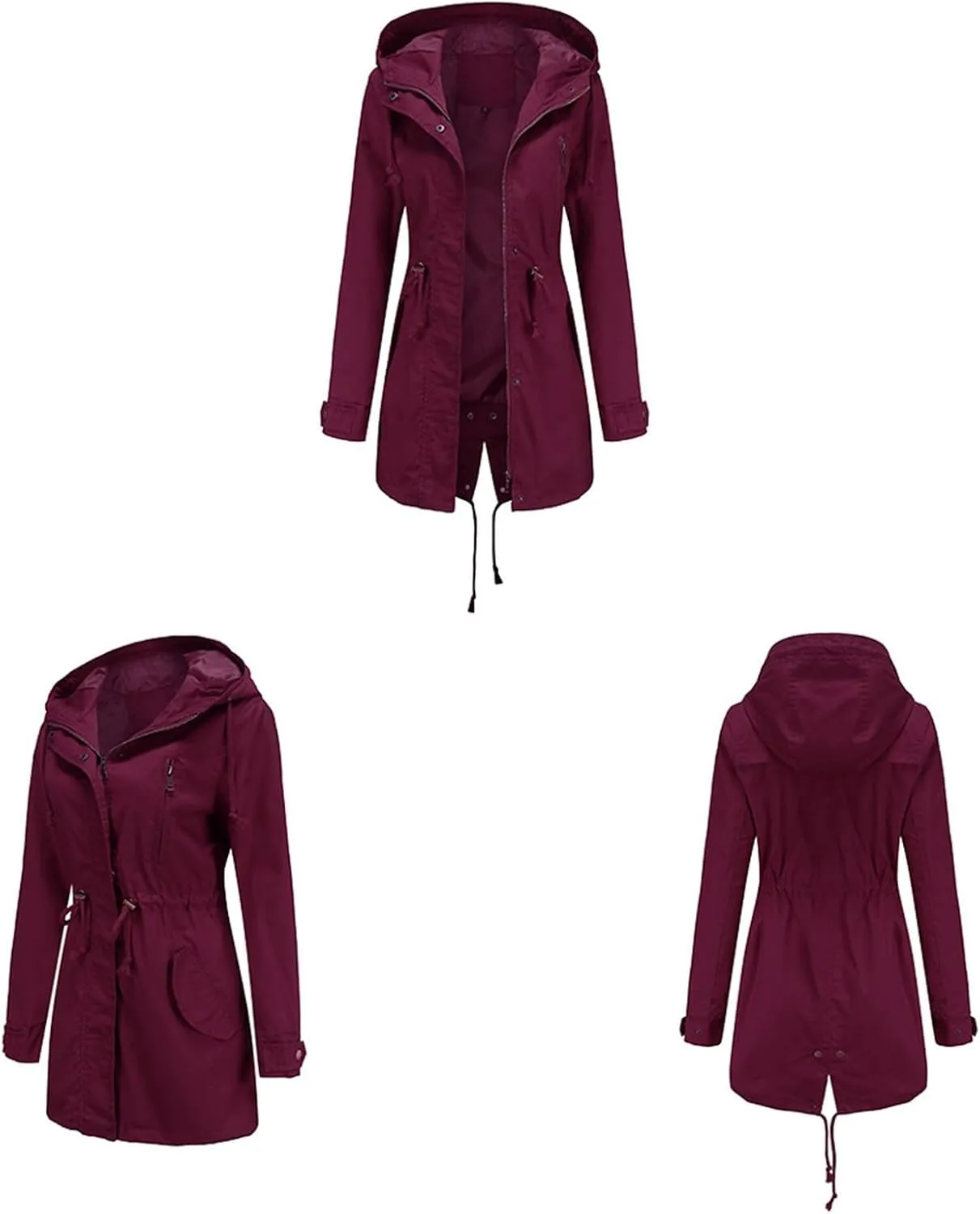 TIAFORD Women's Lightweight Drawstring Waist Hooded Rain Jacket Fall Casual Long Trench Coat Utility Coat with Pockets