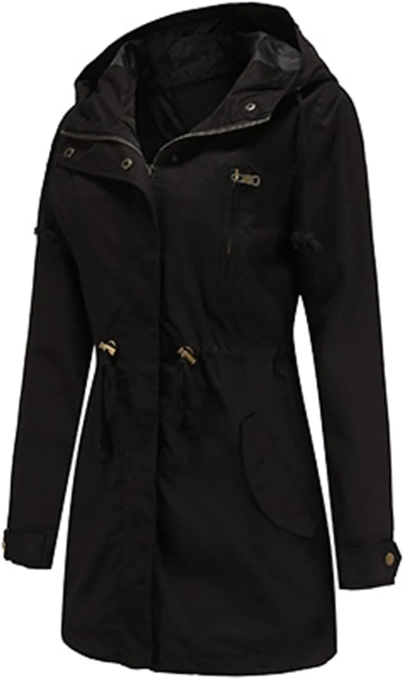 TIAFORD Women's Lightweight Drawstring Waist Hooded Rain Jacket Fall Casual Long Trench Coat Utility Coat with Pockets
