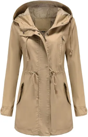 TIAFORD Women's Lightweight Drawstring Waist Hooded Rain Jacket Fall Casual Long Trench Coat Utility Coat with Pockets