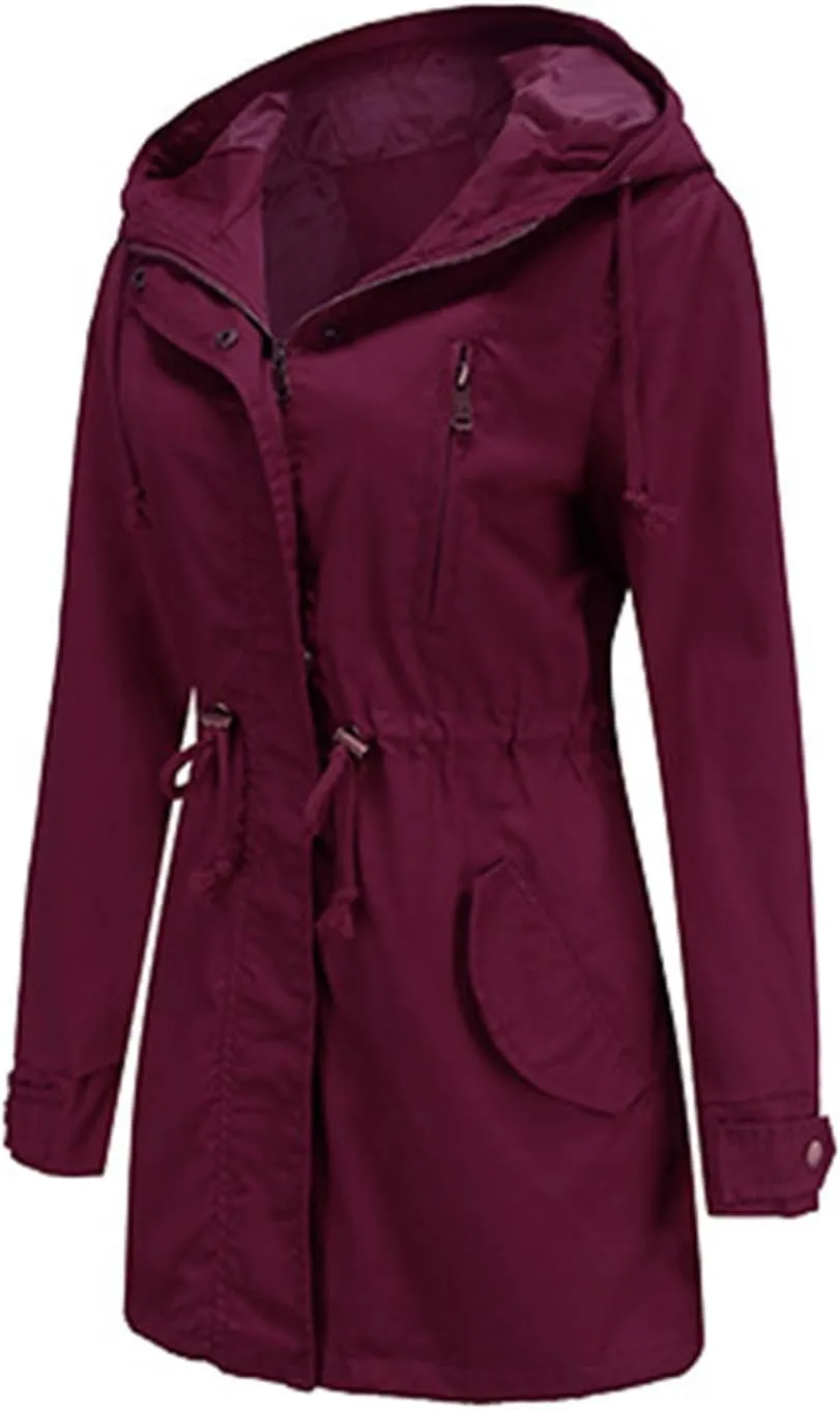 TIAFORD Women's Lightweight Drawstring Waist Hooded Rain Jacket Fall Casual Long Trench Coat Utility Coat with Pockets