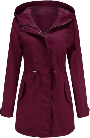 TIAFORD Women's Lightweight Drawstring Waist Hooded Rain Jacket Fall Casual Long Trench Coat Utility Coat with Pockets