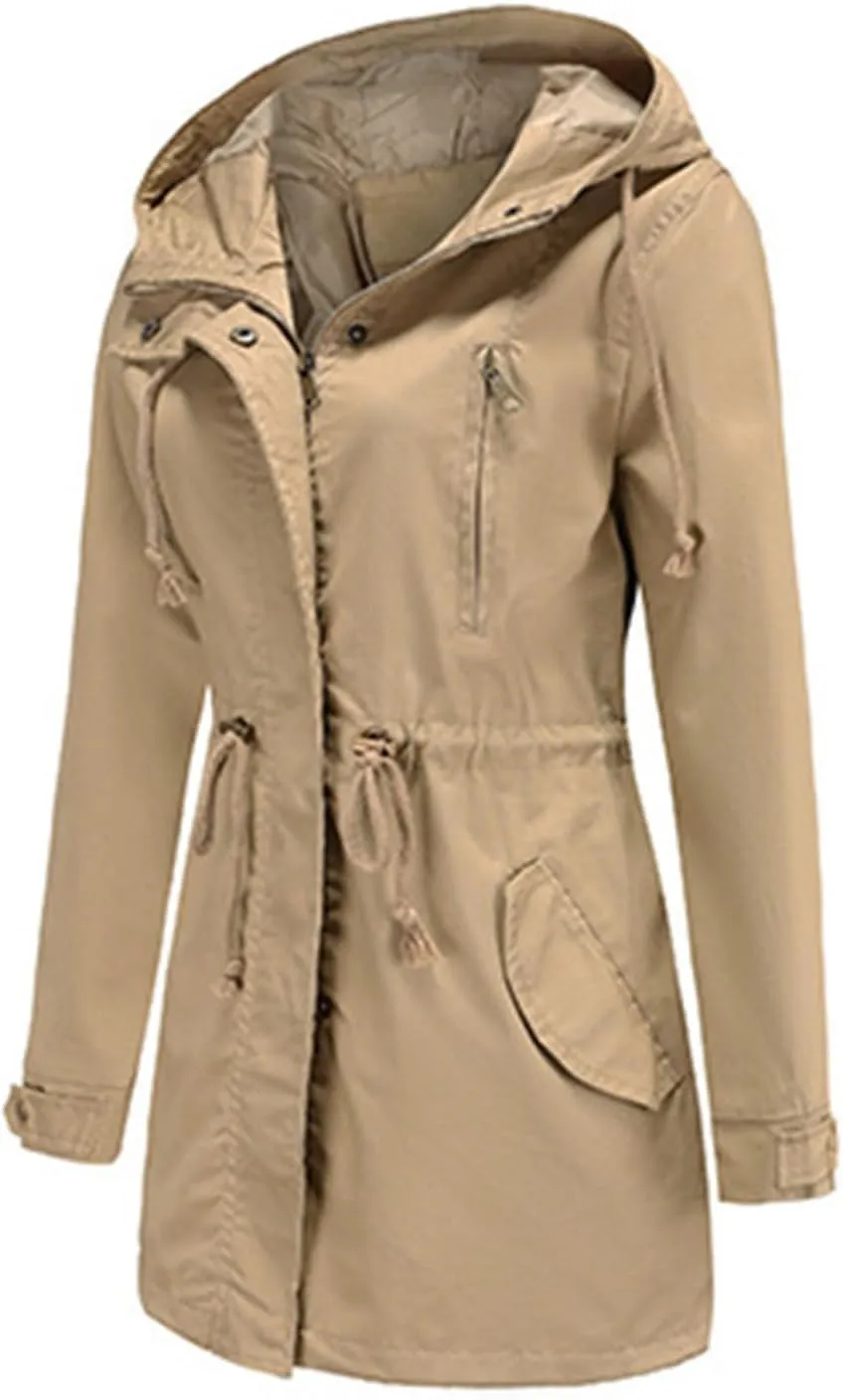TIAFORD Women's Lightweight Drawstring Waist Hooded Rain Jacket Fall Casual Long Trench Coat Utility Coat with Pockets