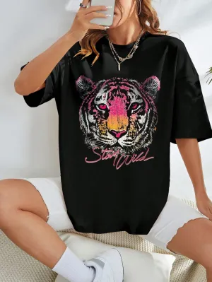 Tiger & Slogan Graphic Drop Shoulder Tee