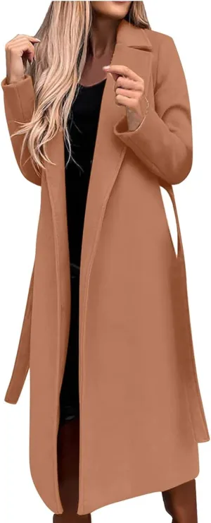 TIMIFIS Trench Coat for Women 2024 Plus Size Long Wool Jackets Winter Warm Overcoats Casual Open Front Cardigan with Belt