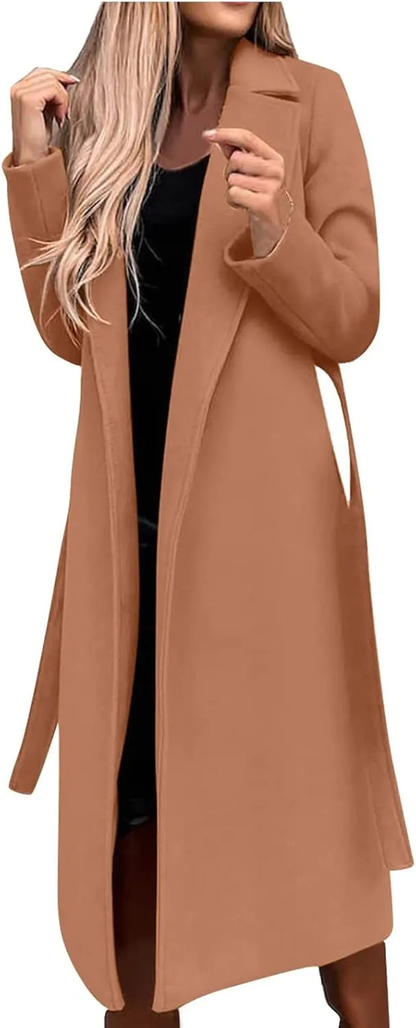 TIMIFIS Trench Coat for Women 2024 Plus Size Long Wool Jackets Winter Warm Overcoats Casual Open Front Cardigan with Belt