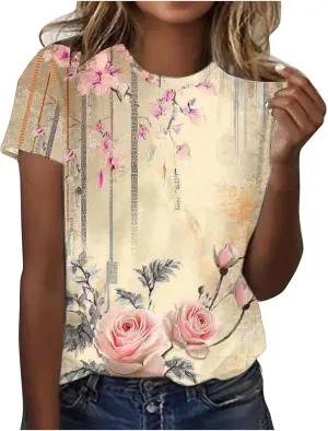 Tops for Women Summer Trendy Vintage Floral Print Short Sleeve T-Shirt Casual Loose Lightweight Pullover Blouses