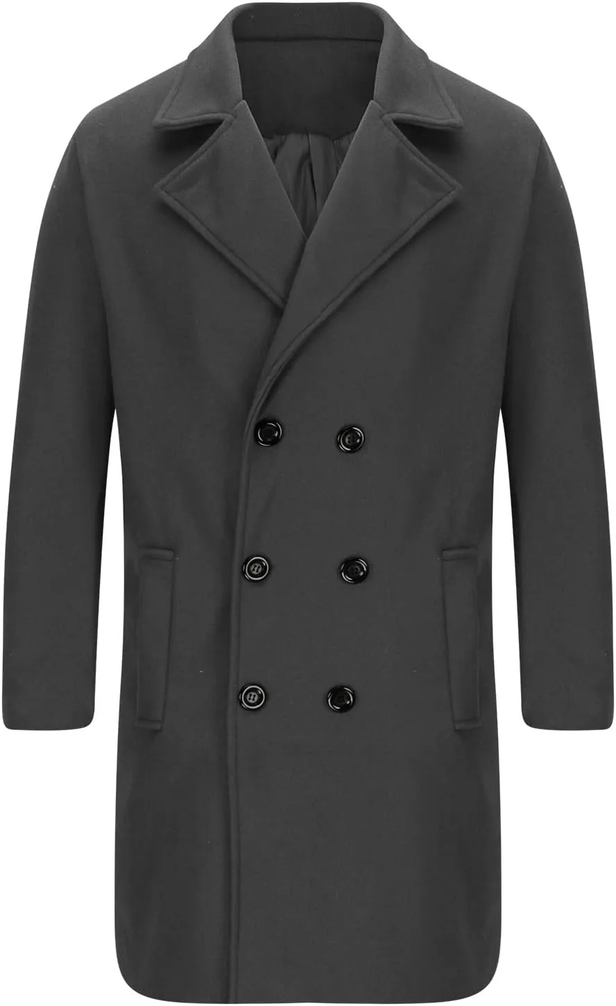 Trench Coat for Men Fashion Wool Blends Single Breasted Notched Collar Pea Coat Cotton-Padded Slim Fit Coat for Winter