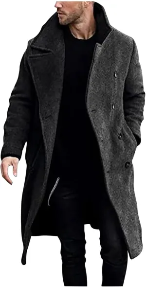 Trench Coat for Men Fashion Wool Blends Single Breasted Notched Collar Pea Coat Cotton-Padded Slim Fit Coat for Winter