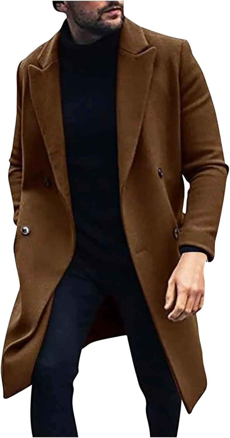 Trench Coat for Men Fashion Wool Blends Single Breasted Notched Collar Pea Coat Cotton-Padded Slim Fit Coat for Winter