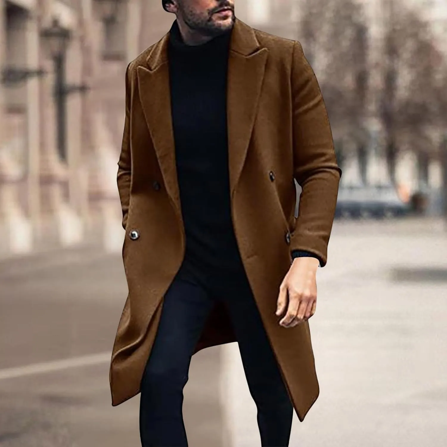 Trench Coat for Men Fashion Wool Blends Single Breasted Notched Collar Pea Coat Cotton-Padded Slim Fit Coat for Winter