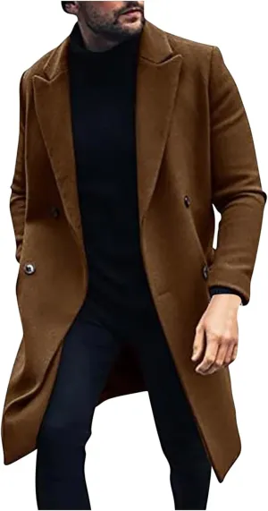 Trench Coat for Men Fashion Wool Blends Single Breasted Notched Collar Pea Coat Cotton-Padded Slim Fit Coat for Winter