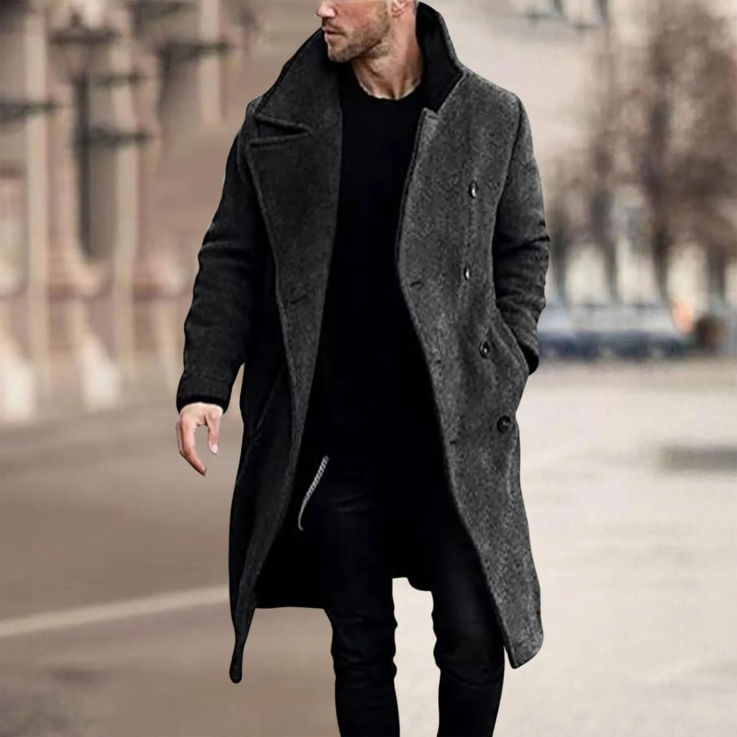 Trench Coat for Men Fashion Wool Blends Single Breasted Notched Collar Pea Coat Cotton-Padded Slim Fit Coat for Winter