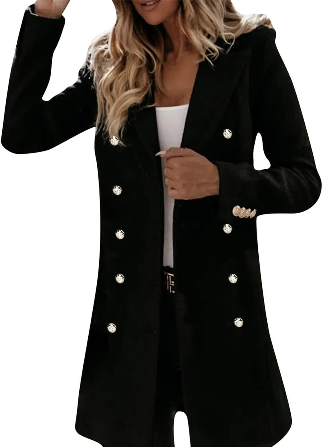 Trench Coat for Women Double Breasted Long Jacket Wool Blend Blazer Oversized Pea Coat Loose Fit Shirts Overcoat