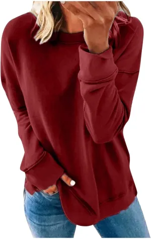 Try Before You Buy Womens Clothing Dresses,Top Women Loose Woman's Casual Fashion Long Sleeve Solid Color Round Collar Hoodie Lightweight Oversized (#1-Red, L)
