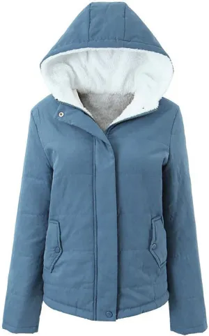 Uillui Fleece Lined Cotton Coat for Women Padded Thicken Plush Bread Jacket Hooded Long Sleeved Zipper Button Sherpa Outcoat