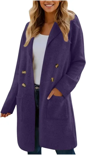 Uillui Womens Classic Thicken Pea Coat Casual Elegant Overcoat Single Breasted Winter Coat Wool Dress Coat Long Trench Coats