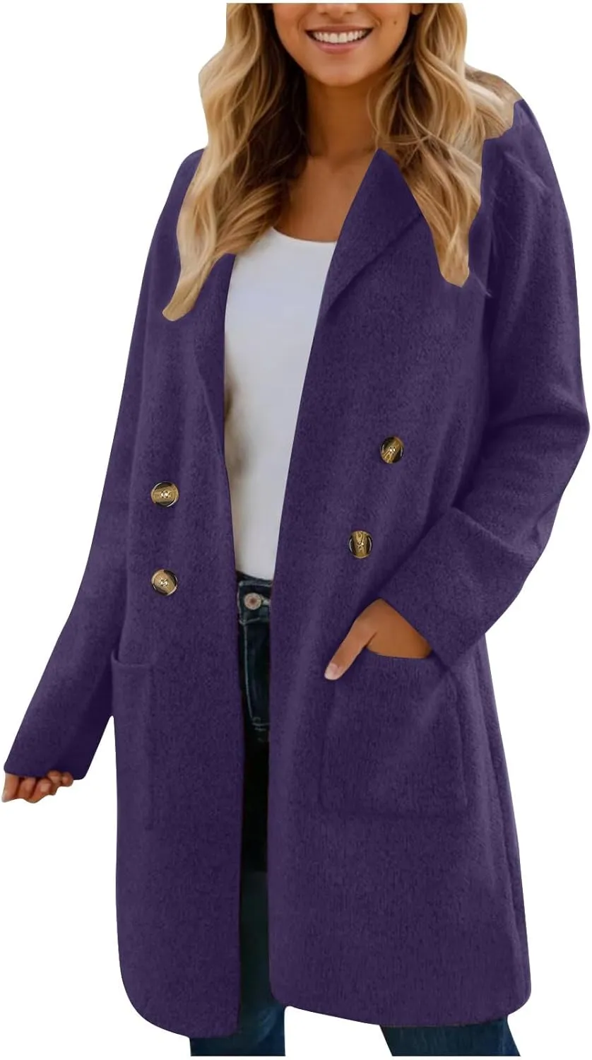 Uillui Womens Classic Thicken Pea Coat Casual Elegant Overcoat Single Breasted Winter Coat Wool Dress Coat Long Trench Coats