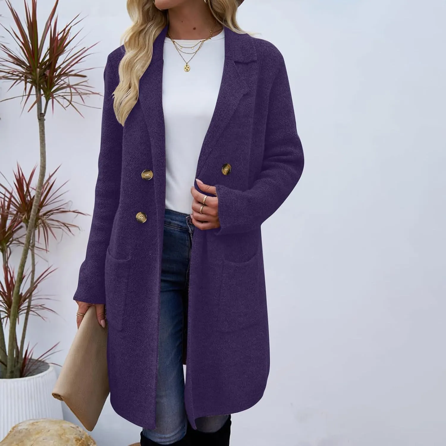 Uillui Womens Classic Thicken Pea Coat Casual Elegant Overcoat Single Breasted Winter Coat Wool Dress Coat Long Trench Coats