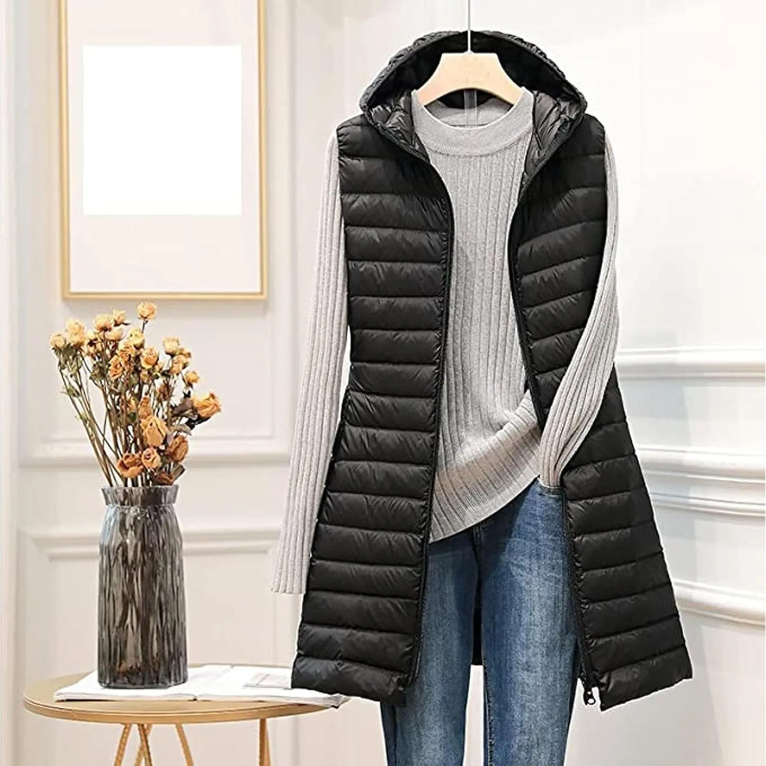 Uillui Womens Down Vest Hooded Quilted Sleeveless Jackets Winter Long Cotton-Padded Waistcoat Lightweight Puffer Gilet Coats