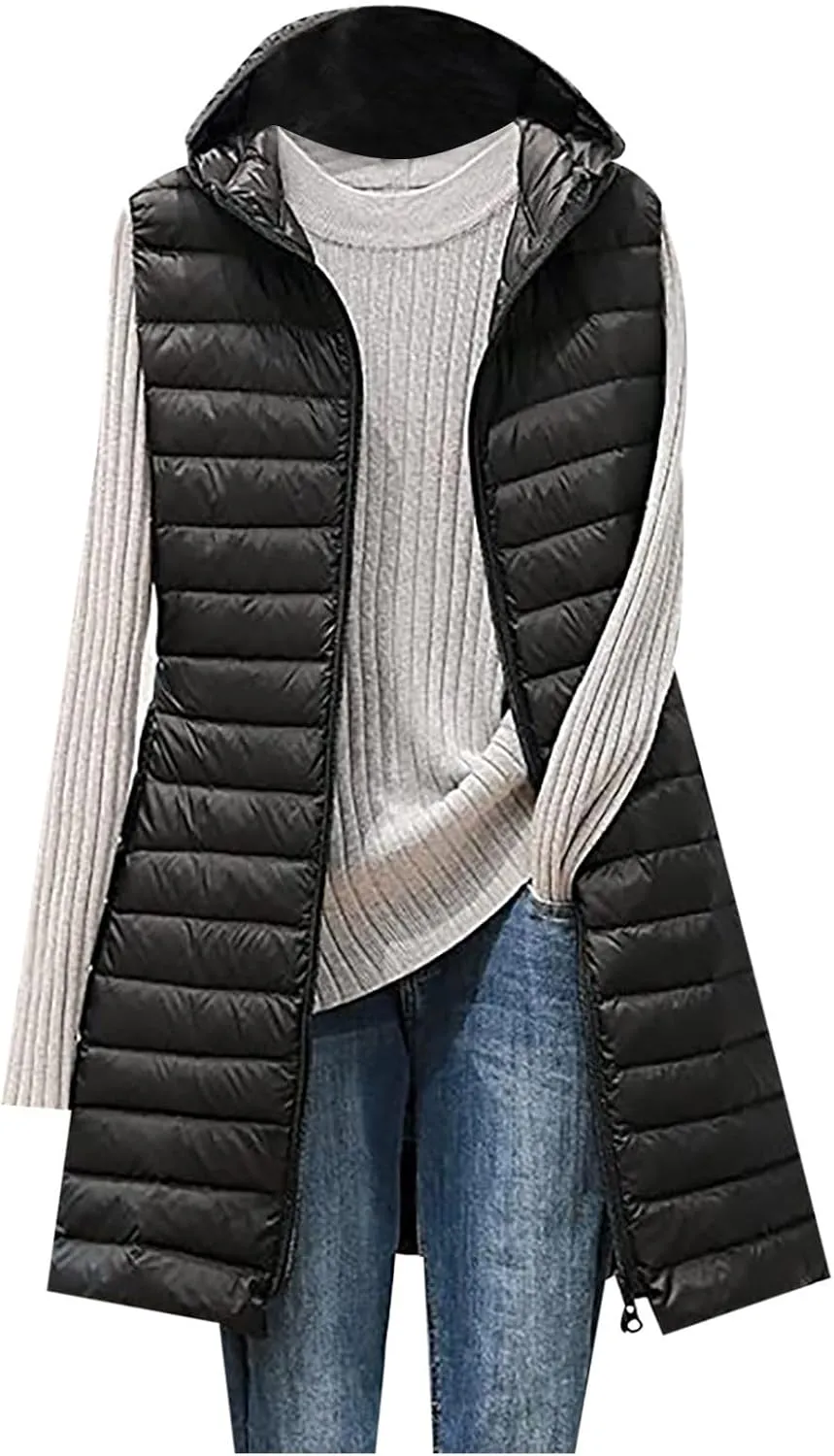 Uillui Womens Down Vest Hooded Quilted Sleeveless Jackets Winter Long Cotton-Padded Waistcoat Lightweight Puffer Gilet Coats