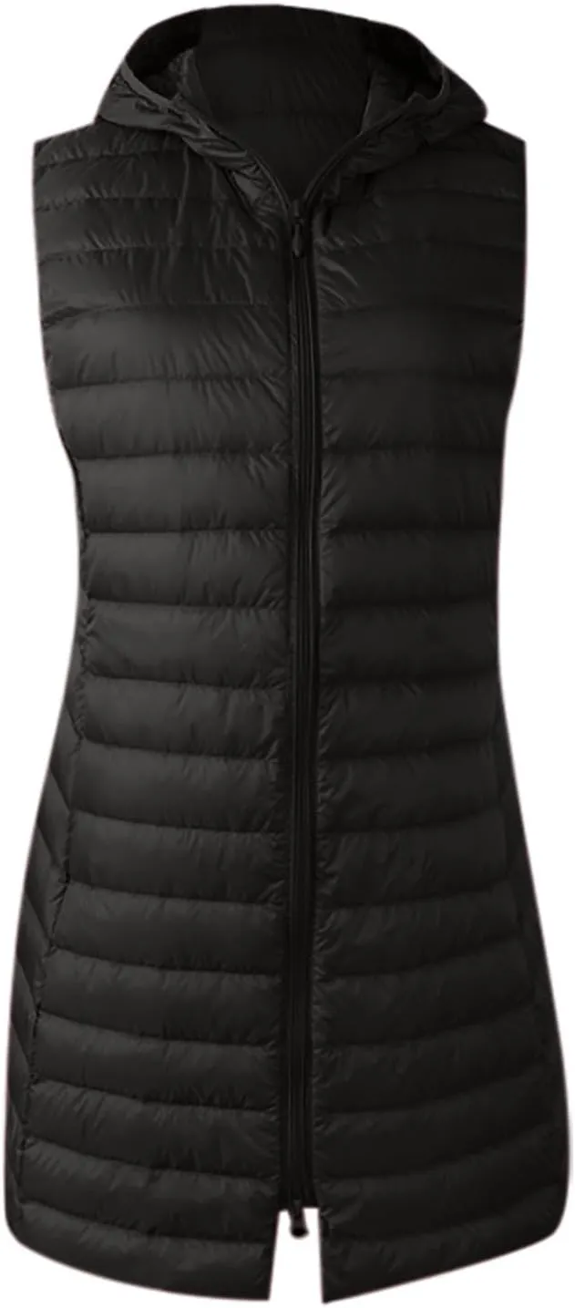 Uillui Womens Down Vest Hooded Quilted Sleeveless Jackets Winter Long Cotton-Padded Waistcoat Lightweight Puffer Gilet Coats