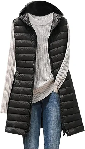 Uillui Womens Down Vest Hooded Quilted Sleeveless Jackets Winter Long Cotton-Padded Waistcoat Lightweight Puffer Gilet Coats