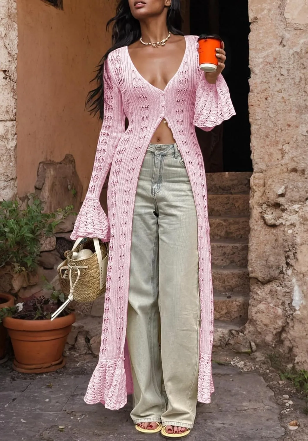Unybwonn Long Cardigans for Women Crochet Hollow Out Knit Sweater Cover up Maxi Dress Long Sleeve Button Down Cardigan